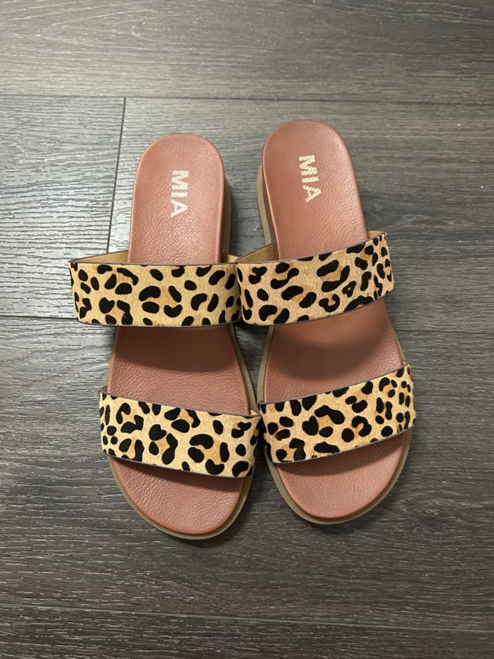 MIA Leopard-Print Double Strap Slide Sandals in Tan and Black